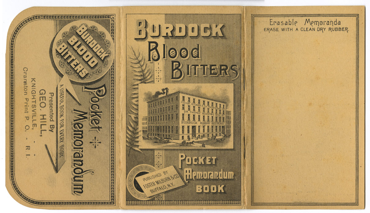 Burdock Blood Bitters Pocket Memorandum Book (Buffalo, N.Y., 1890). Gift of William H. Helfand.