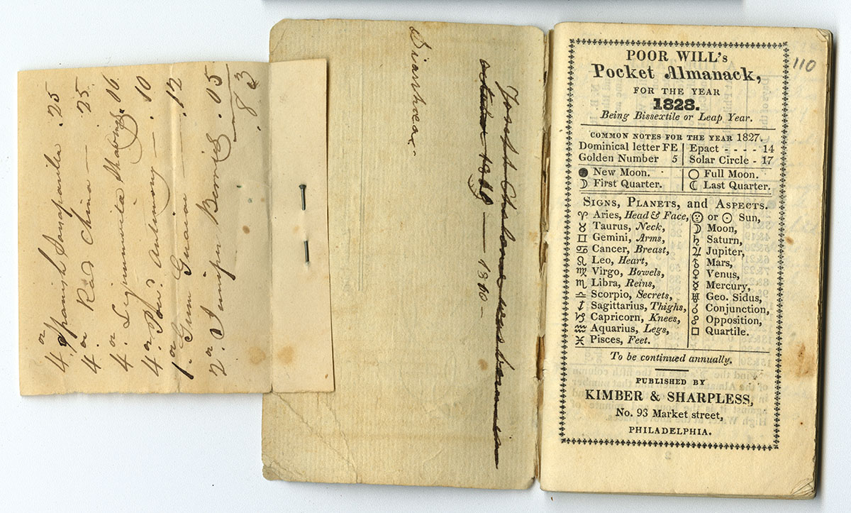 Poor Will’s Pocket Almanack, for the Year 1828 (Philadelphia, 1827). Gift of Sally Smith.