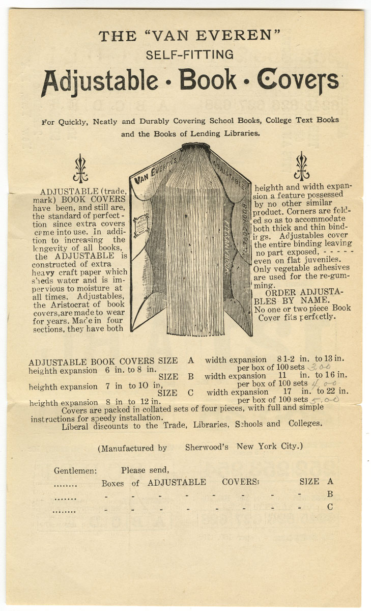 The “Van Everen” self-fitting adjustable book covers (New York, ca 1918). Gift of Michael Zinman.
