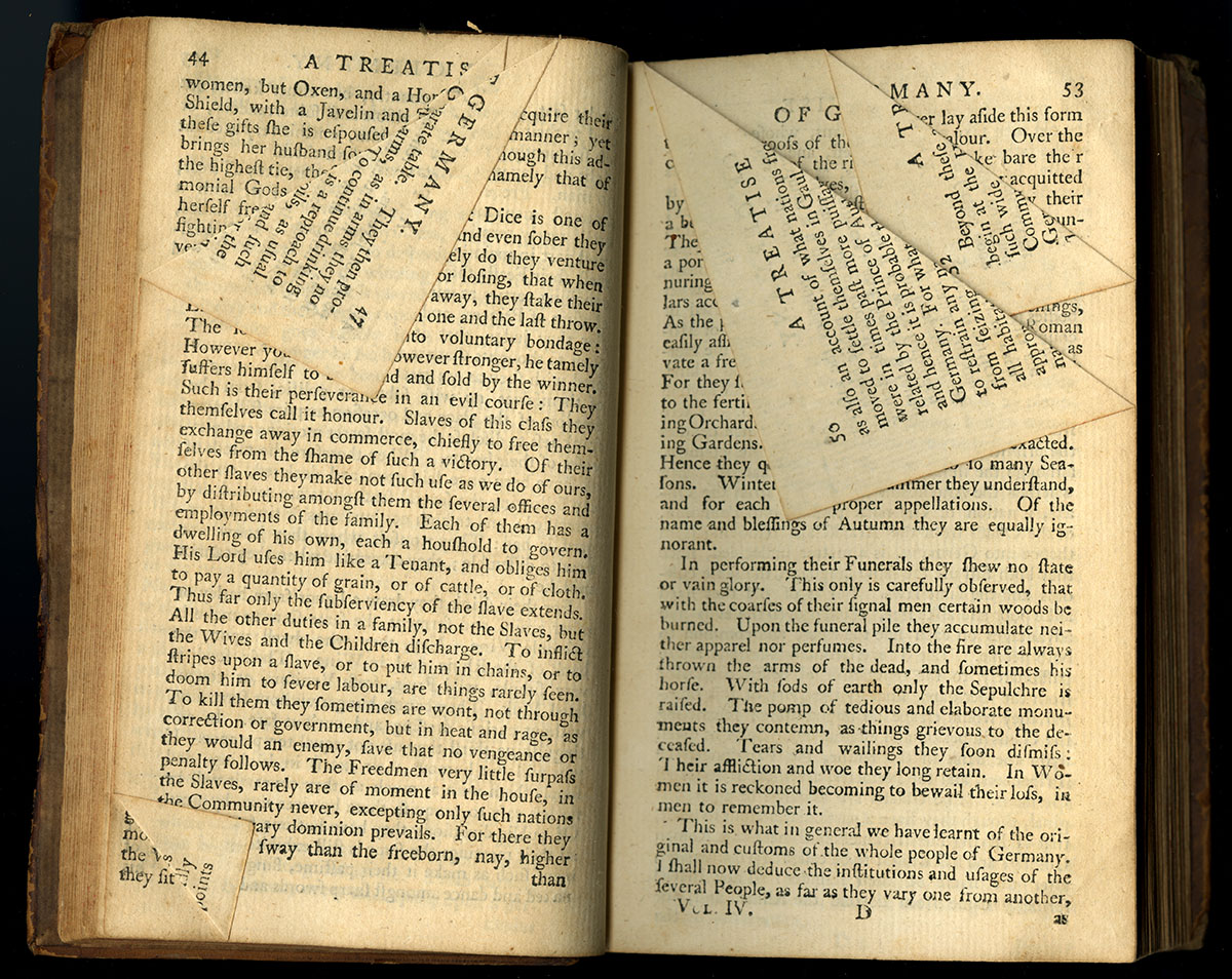Cornelius Tacitus, The Works of Tacitus (London, 1753). The reader, John Dickinson, precisely, deliberately, bent hundreds of page corners to point to paragraphs of note. This evidence of use can provide the historian valuable insight into the reader’s thinking, which would be lost if the corners were unfolded. A typed note on the book tag ensures that a well-meaning user won’t be tempted to “fix.”